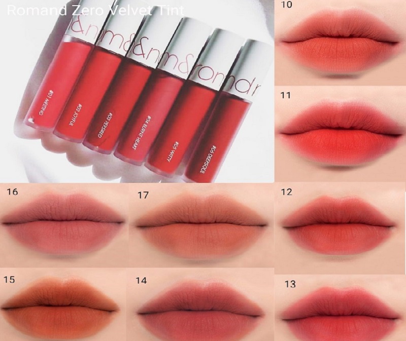 Bảng màu son kem Romand Zero Velvet Tint 