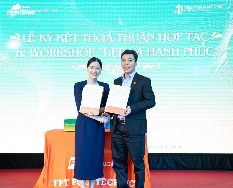 Bà Đinh Thị Thu Hà -  Giám đốc Kinh doanh Viện thẩm mỹ DIVA kiêm Ban học vụ DIVA Academy và ông/ bà … - Đại diện Trường Cao đẳng FPT Polytechnic Hồ Chí Minh ký kết hợp tác đào tạo học viên ngành làm đẹp 